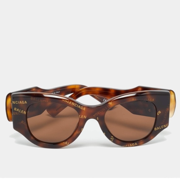 Balenciaga Accessories - Balenciaga New Round Cat Eye Logo Tortoise Brown Sunglasses BB0070S